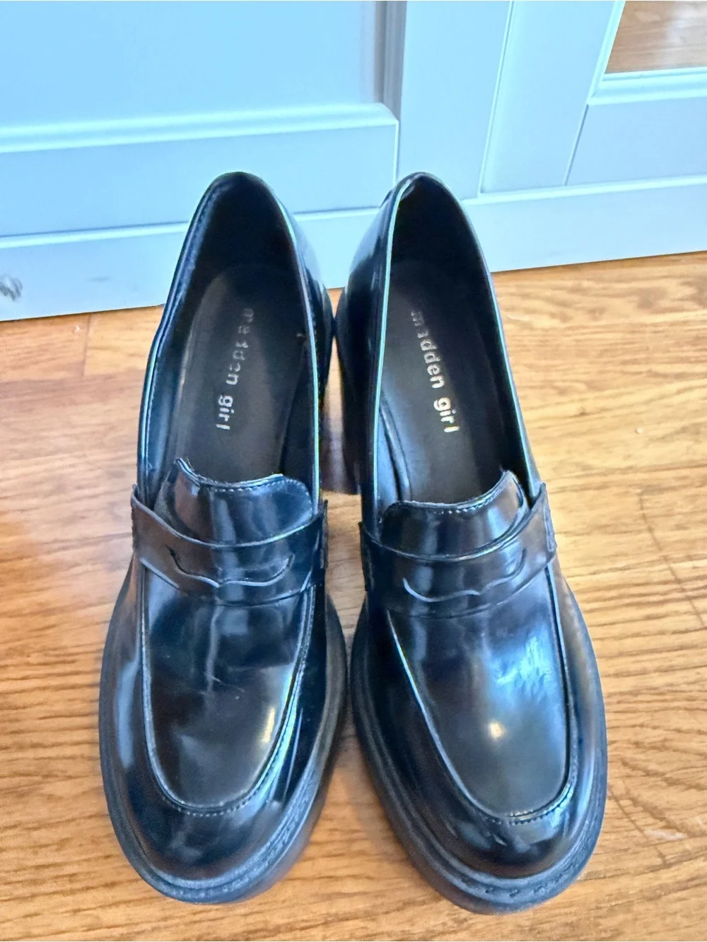Madden Girl Shiny Black Platform Penny Loafers
